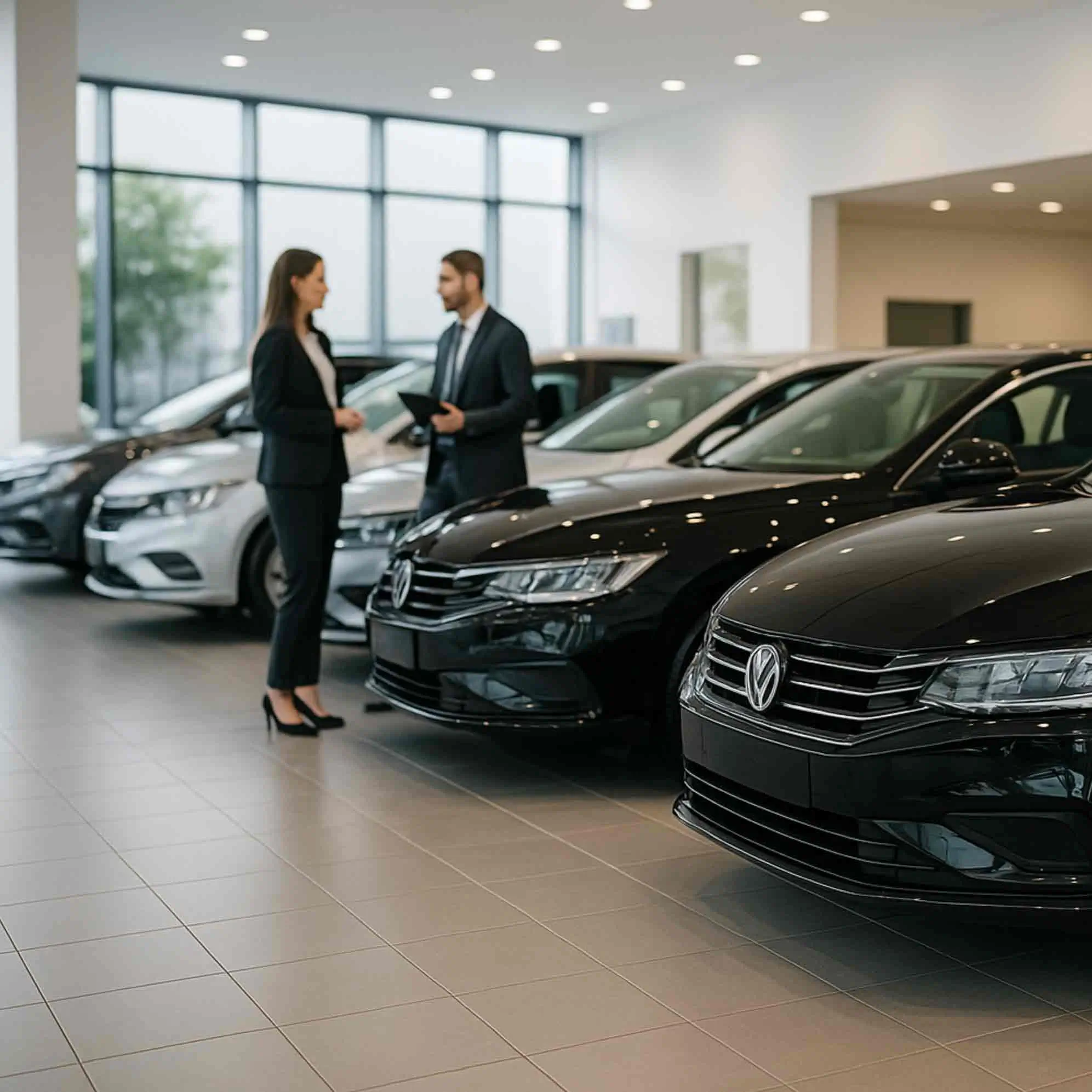 Man and woman discussing car buyer consulting inside a dealership, getting guidance to avoid scams, hidden fees, and negotiate a better deal.
